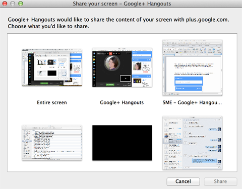 opciones para compartir pantalla de google + hangouts