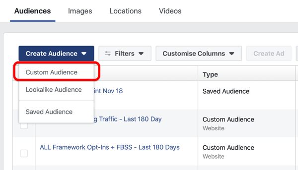 Opción para crear una audiencia similar a Facebook en Crear audiencia en el Administrador de anuncios de Facebook.