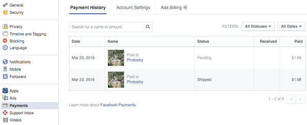 los clientes ven los pedidos en la sección de pagos de la configuración de Facebook