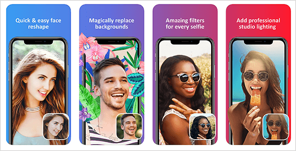 Facetune 2 es una forma sencilla de retocar tus selfies. La vista previa de iTunes App Store muestra cómo la aplicación ajusta una cara, reemplaza un fondo, filtra el color y corrige problemas de iluminación.