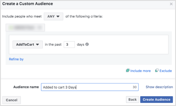 Elija opciones para crear una audiencia personalizada de Facebook basada en el evento AddToCart