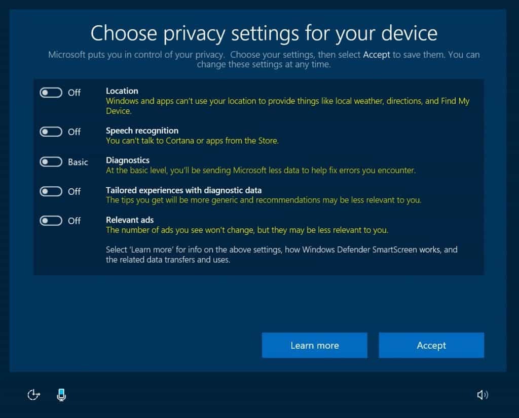 Windows 10, Privacidad, Actualización de creadores, OOBE
