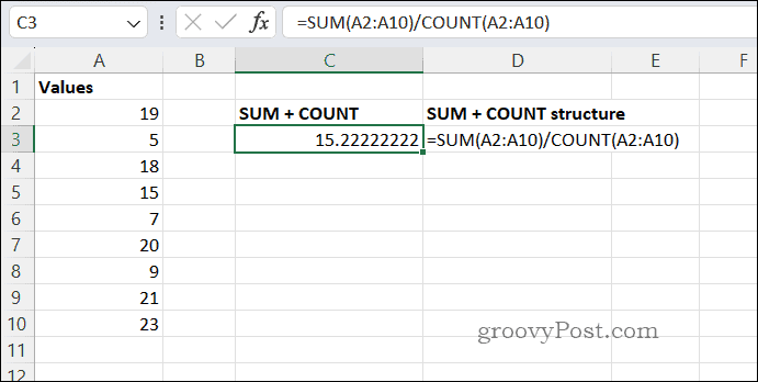 Resultado promedio SUMCOUNT en Excel