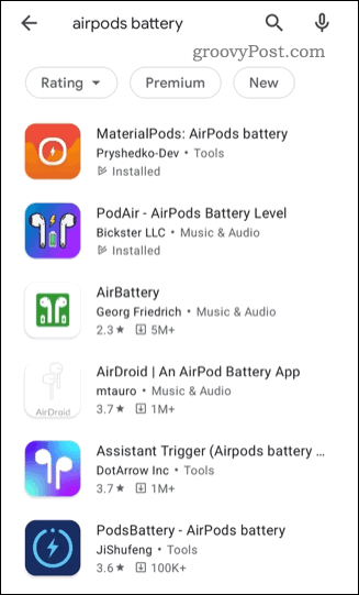 Una lista de aplicaciones de estado de AirPods de terceros en Google Play Store