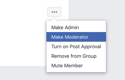 Cómo mejorar su comunidad de grupo de Facebook, opción de menú de grupo de Facebook para convertir a un miembro en moderador 