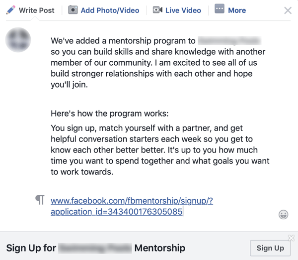 Cómo mejorar su comunidad grupal de Facebook, ejemplo de un anuncio grupal para un programa de mentores de Facebook