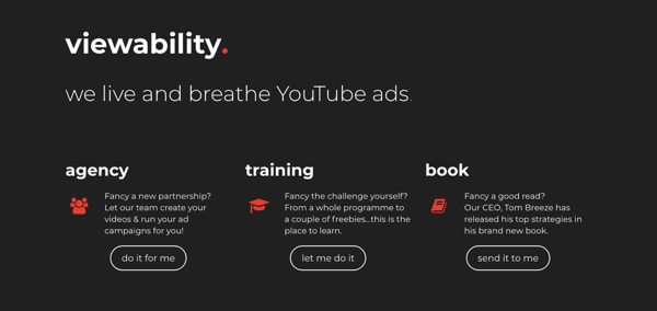 Captura de pantalla del sitio web de Viewability, una agencia de anuncios de YouTube.