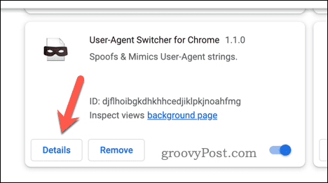 Botón de detalles de la extensión de Chrome