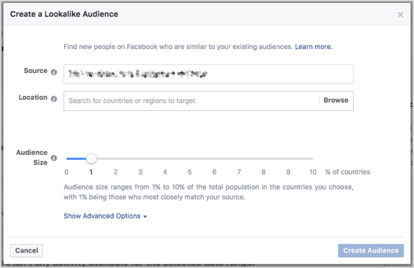 Establece el tamaño de la audiencia similar a Facebook. Puede controlar el tamaño con un control deslizante que aparece cuando crea la audiencia.