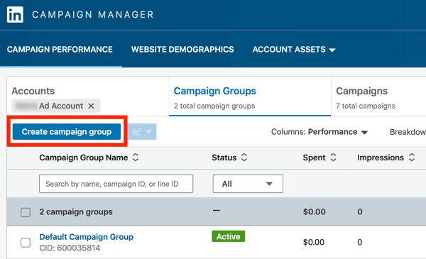 Cómo crear un anuncio de texto de LinkedIn, paso 2, crear grupos de campaña