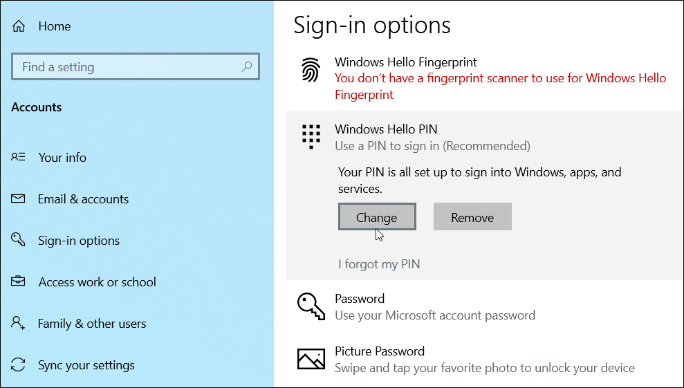 cambiar agregar PIN Windows 10