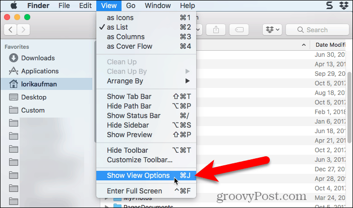 Seleccione Mostrar opciones de vista en Finder en Mac