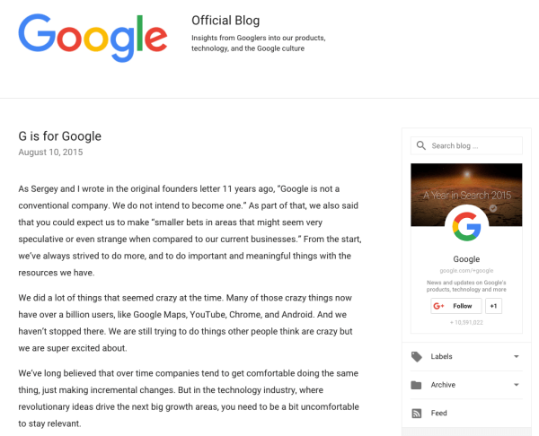 carta de anuncio de cambio de marca de google