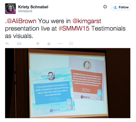 kristyivd tweet de la diapositiva testimonial de la sesión de kim garst en smmw15