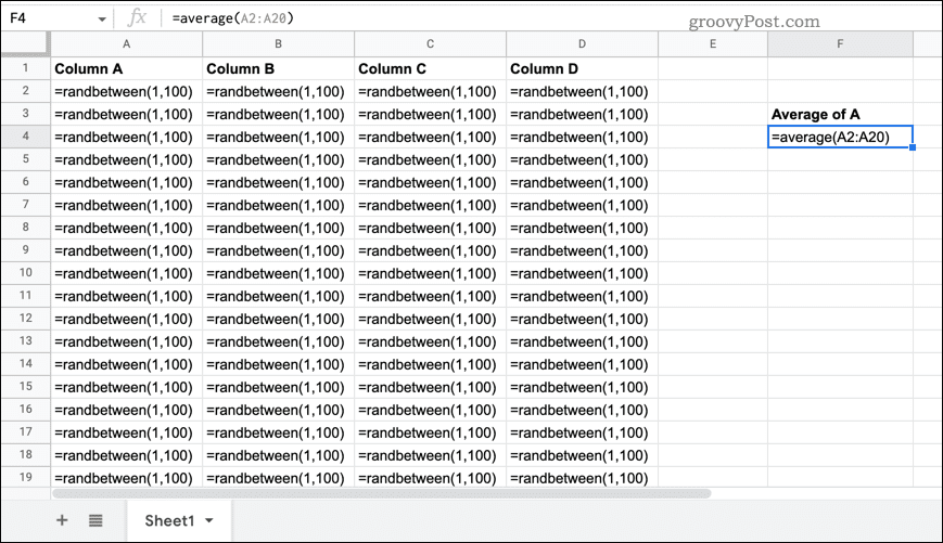 Una hoja de cálculo de Google Sheets con fórmulas visibles
