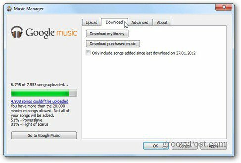pestaña de descarga de google music