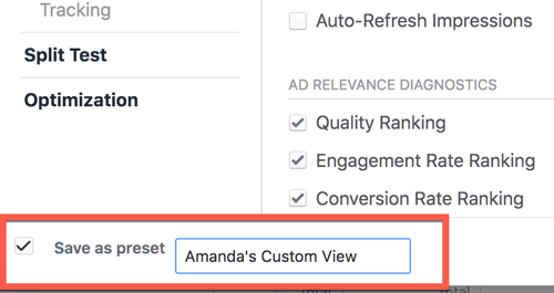 Guardar una vista de informe personalizado en Facebook Ads Manager.