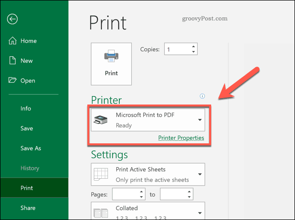 Opción de impresora para imprimir en PDF en Excel