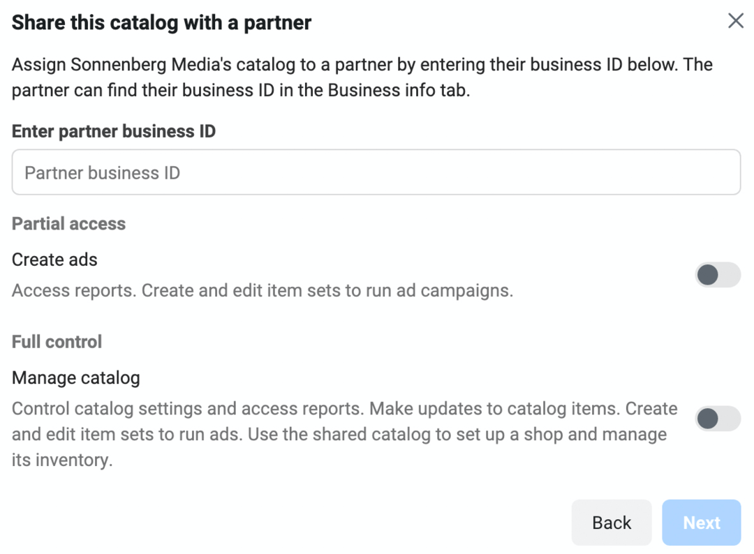 imagen de la pantalla Compartir este catálogo con un socio en Meta Business Manager
