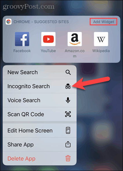 Toque Nueva pestaña de incógnito desde el ícono de la aplicación Chrome en iOS
