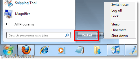 el botón de encendido de Windows 7 con propiedades modificadas para reiniciar en su lugar