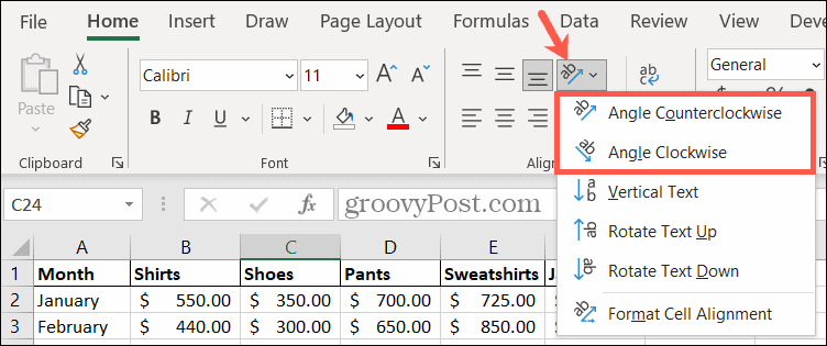 Elija un ángulo de orientación en Excel para rotar texto