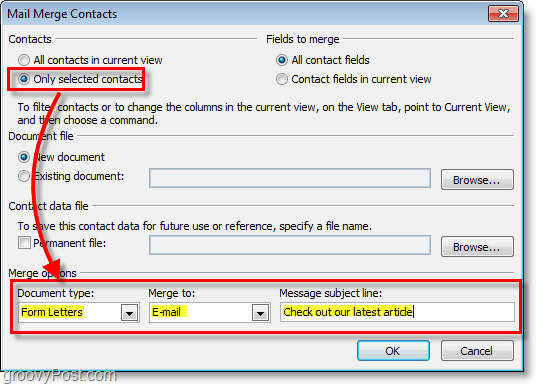 Captura de pantalla de Outlook 2010: asegúrese de que las opciones sean correctas en los contactos de combinación de correspondencia