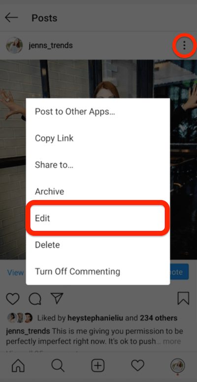 menú de tres puntos para una publicación de instagram que muestra la opción de editar la publicación