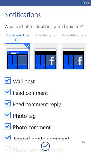 aplicación de facebook para opciones de notificaciones de Windows