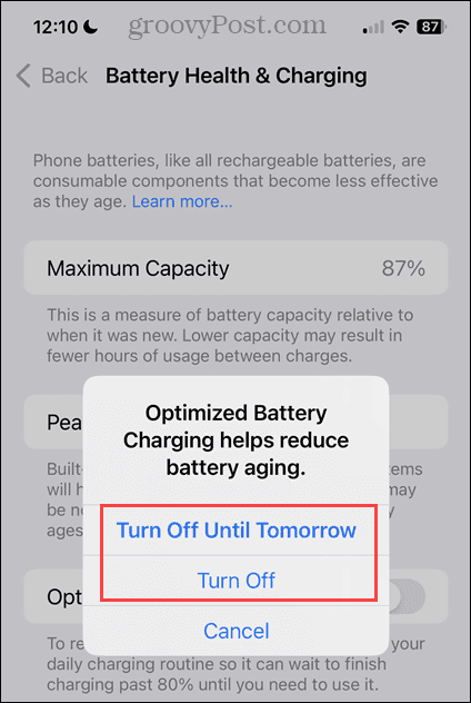 Desactive las opciones para la carga optimizada de la batería en iPhone