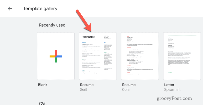 Selección de una plantilla en Google Docs