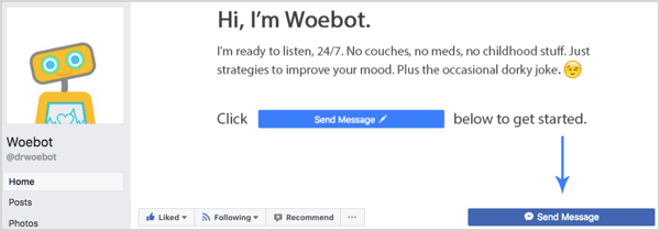 El botón Enviar mensaje en la página de Facebook de Woebot.