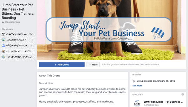 Cómo utilizar las funciones de Grupos de Facebook, ejemplo de grupo para Jump Start Your Pet Business