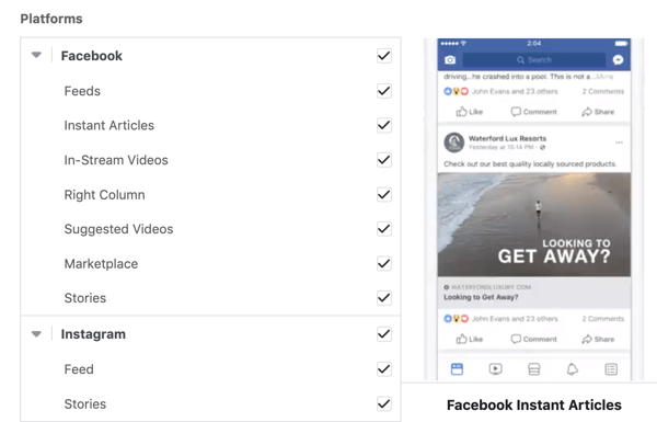 Opciones de ubicación de campañas de Facebook