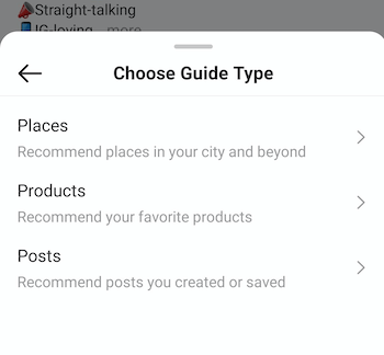 ejemplo instagram crear guía elegir tipo de guía menú que ofrece opciones de lugares, productos y postejemplo instagram crear guía elegir tipo de guía menú que ofrece opciones de lugares, productos y publicaciones