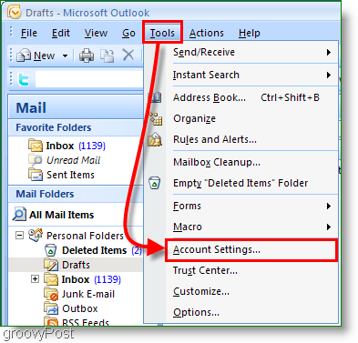 Captura de pantalla del calendario de Outlook 2007: configuración de la cuenta
