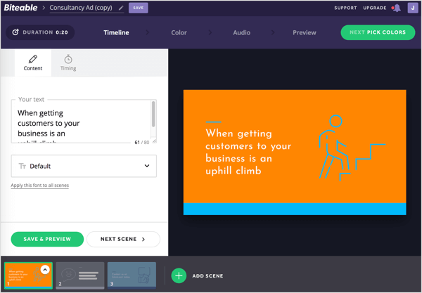 Personaliza el texto y la escena a través de la línea de tiempo Biteable.