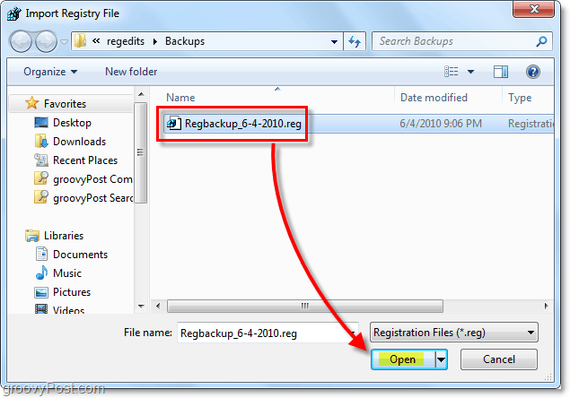 selección de restauración del registro en Windows 7 y Vista para importar