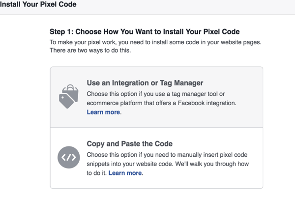 Elija el método que desea utilizar para instalar el píxel de Facebook.