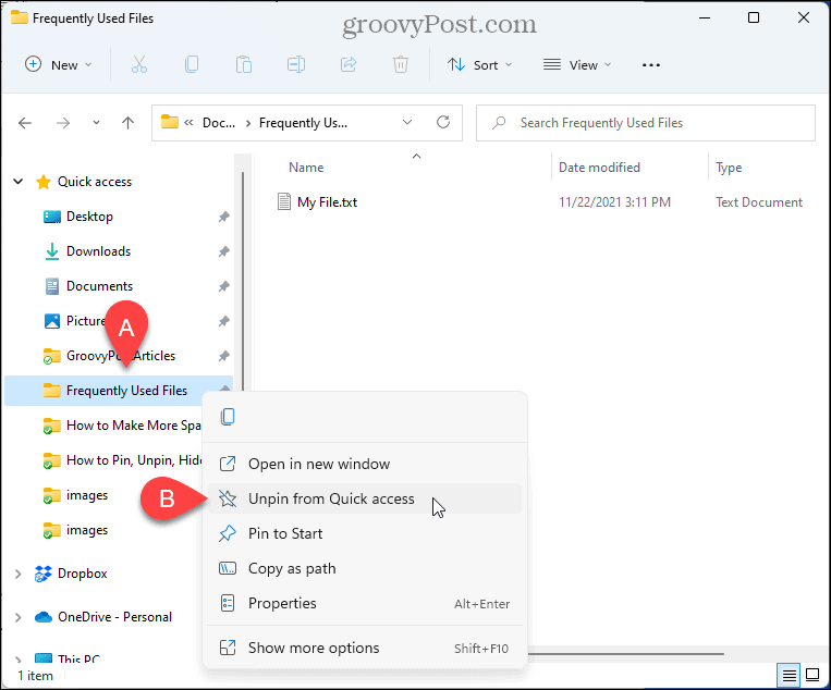 Seleccione Desanclar de Acceso rápido en el Explorador de archivos