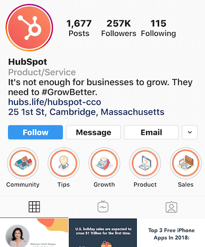 Instagram destaca álbumes en el perfil de HubSpot