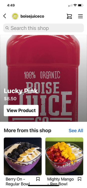 ejemplo de compras de productos de instagram de @boisejuiceco que muestran Lucky Pink por $ 8.50 y menos más de esto la tienda aparece un tazón regular de bayas y un tazón regular de mango poderoso junto con la opción de buscar en la tienda