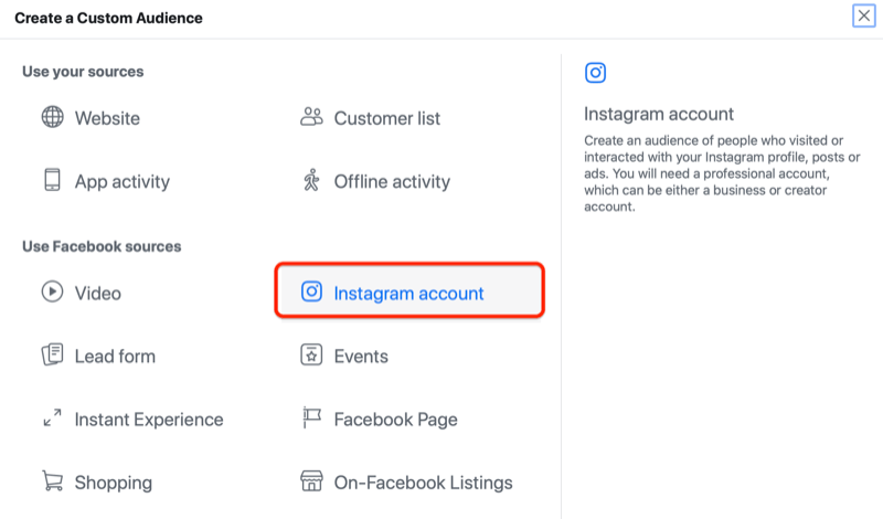 El administrador de anuncios de Facebook crea un menú de audiencia personalizado con la opción de cuenta de Instagram resaltada