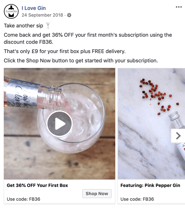 Cómo crear anuncios de alcance en Facebook, paso 8, ejemplo de creatividad publicitaria de I Love Gin