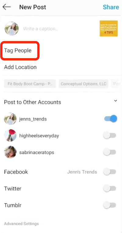 nueva opción de publicación de instagram para etiquetar personas