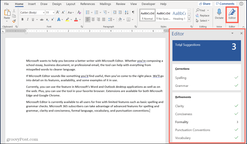 Editor de Microsoft en Word en Windows