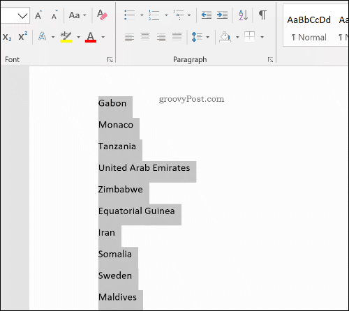 Una lista desorganizada de países en Word