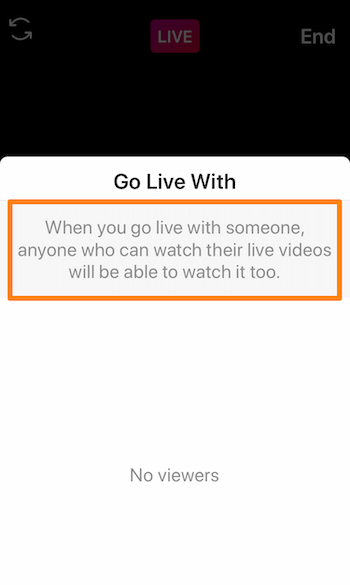 captura de pantalla de Instagram Live que muestra el mensaje. Cuando vaya en vivo con alguien, cualquiera que pueda ver sus videos en vivo también podrá verlo.