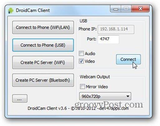 configuración del cliente droidcam pc