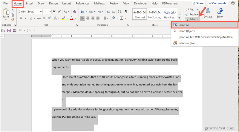 Seleccione todo el contenido para duplicar una página en Word